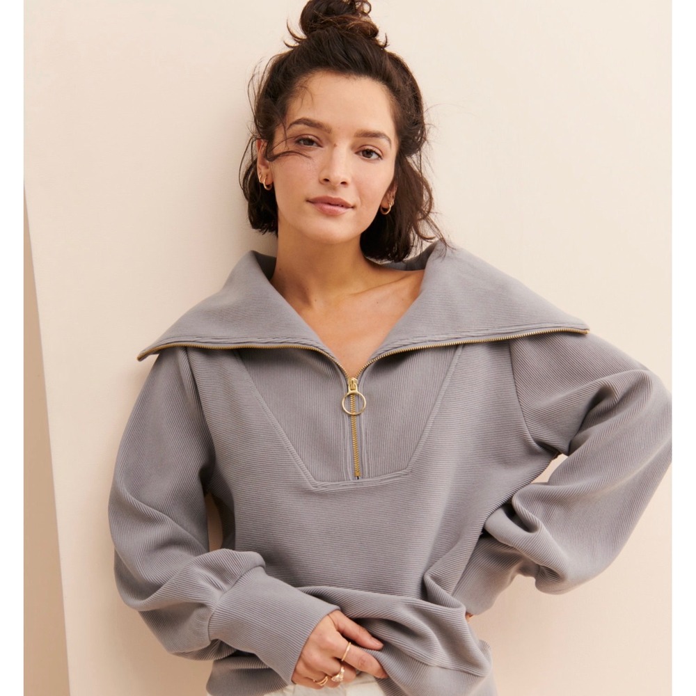 Varley Vine Half Zip Pullover Large Taupe Ribbed Funnel Neck Quiet Luxury